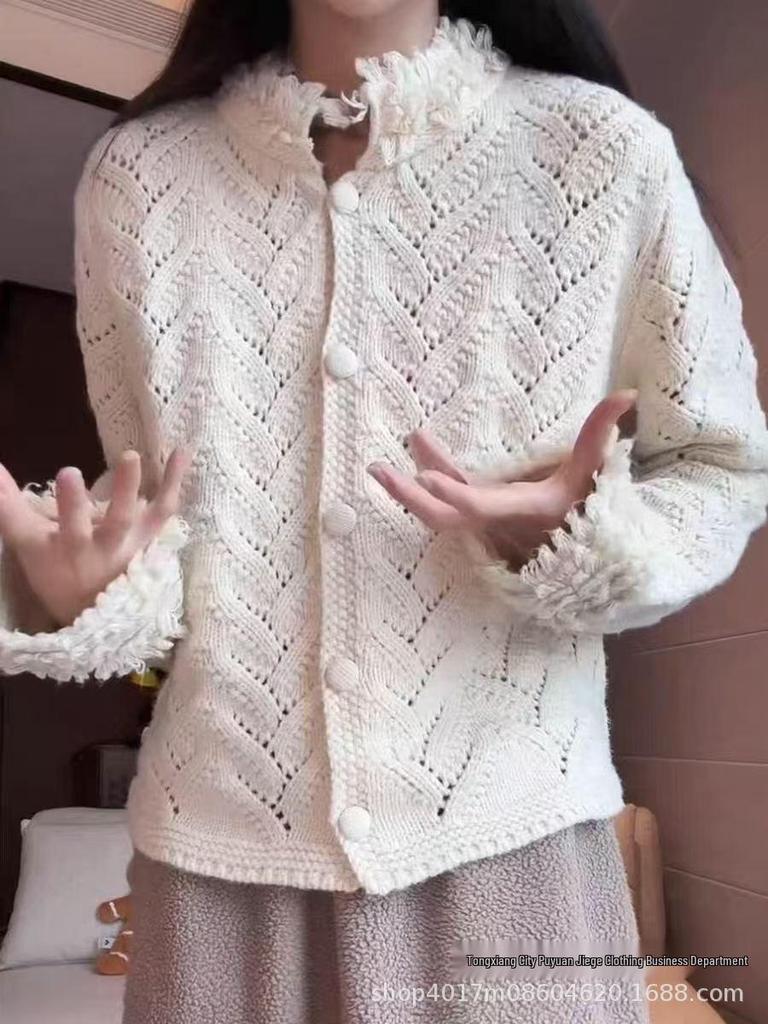 Autumn Crochet Hollow Tassel Trim Stand Collar Button-Up Cardigan Sweater