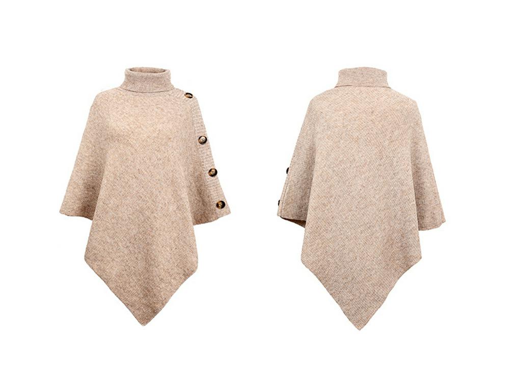 Evropský a americký pletený kardigan s vysokým límcem, jednobarevný šál, pončo s rozparky pro ženy