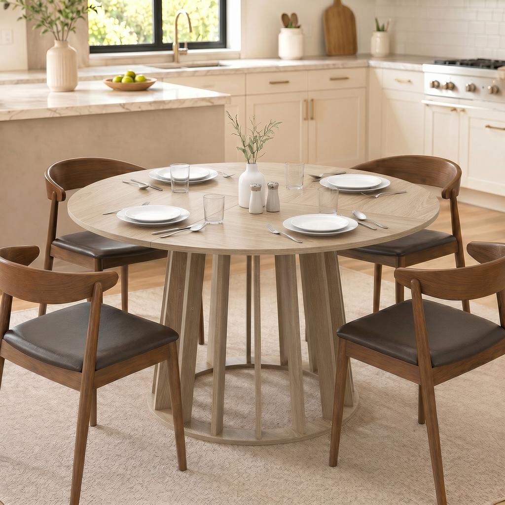 Dining Table, Round, 4-6 People, 120 x 75 cm, Slatted Base, Natural Wood