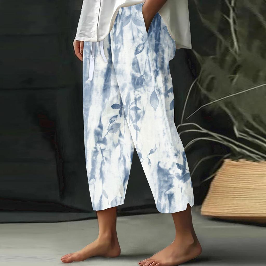 Women's Wide Leg Pants High Waist Casual Print Lace-up Elastic Waist Loose Casual Pants Cropped Pants
