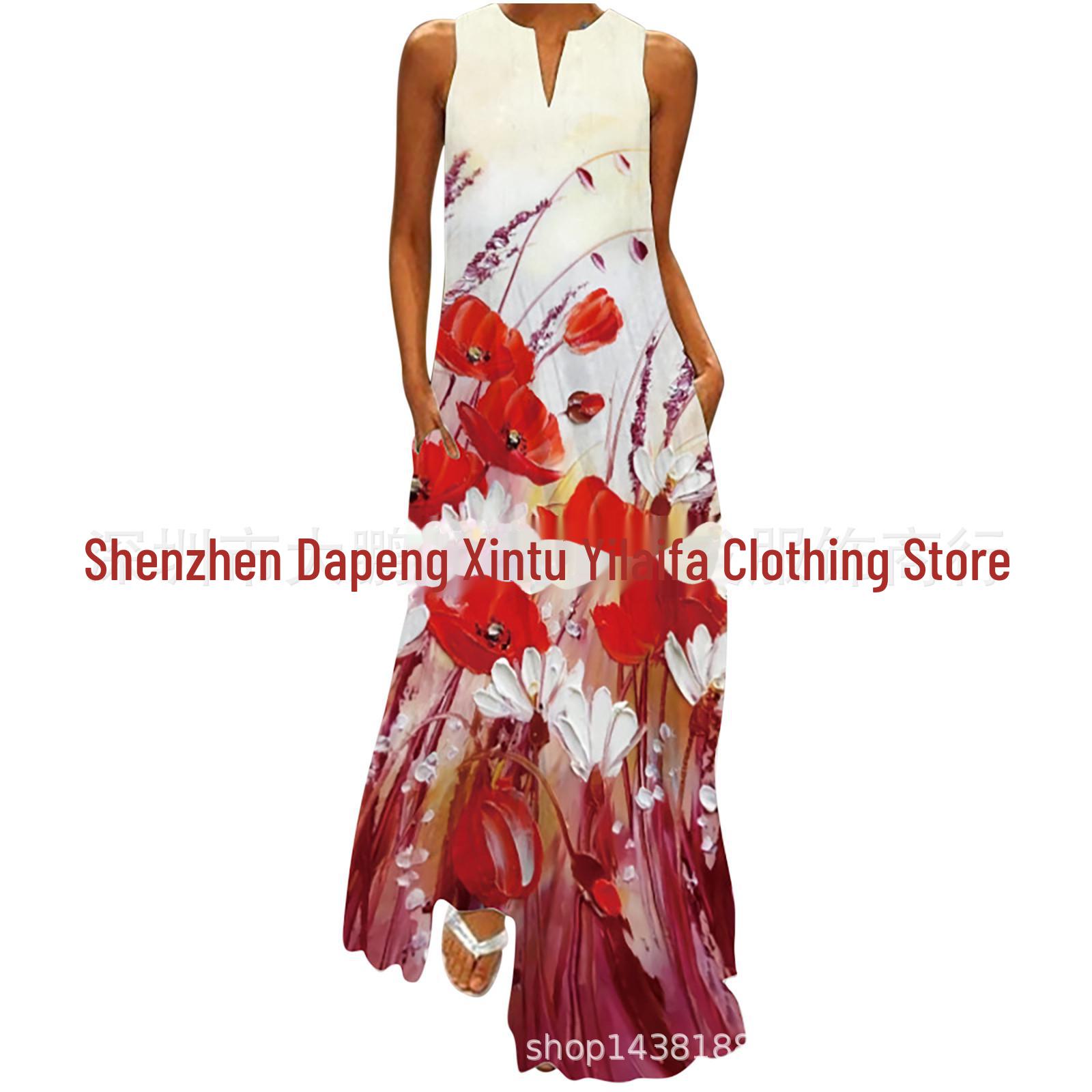 

Летнее платье 2023 года с V-образным вырезом и принтом в стиле ретро без рукавов, многоцветное длинное платье 5XL