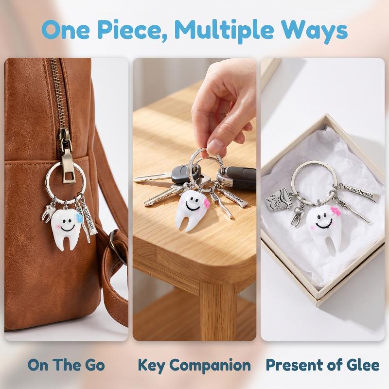 Cute Smiling Tooth Keychain With Floss Toothbrush Toothpaste Charms Key Ring Friendship Gift