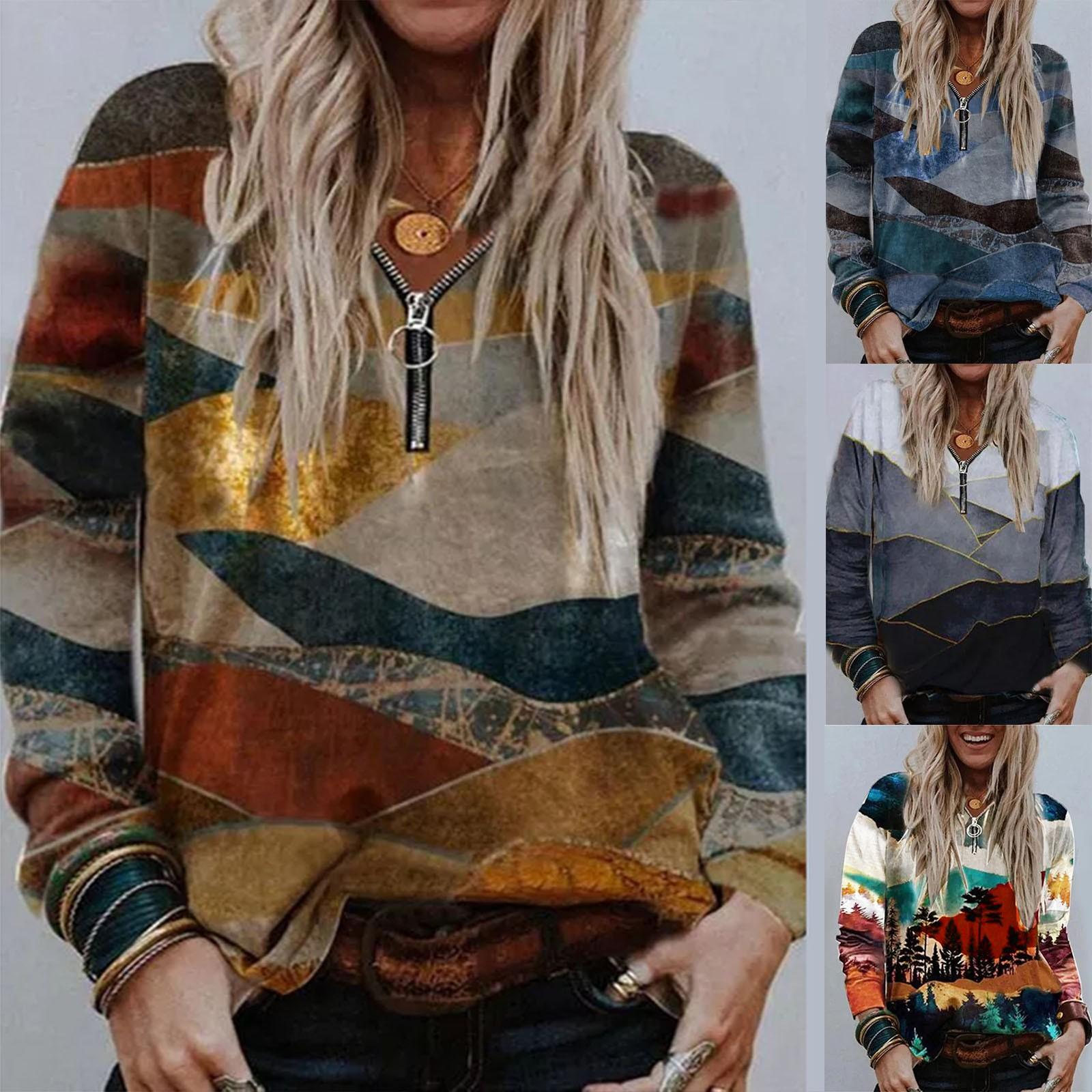 

Женские повседневные топы с длинными рукавами и принтом на молнии и длинными рукавами, толстовки