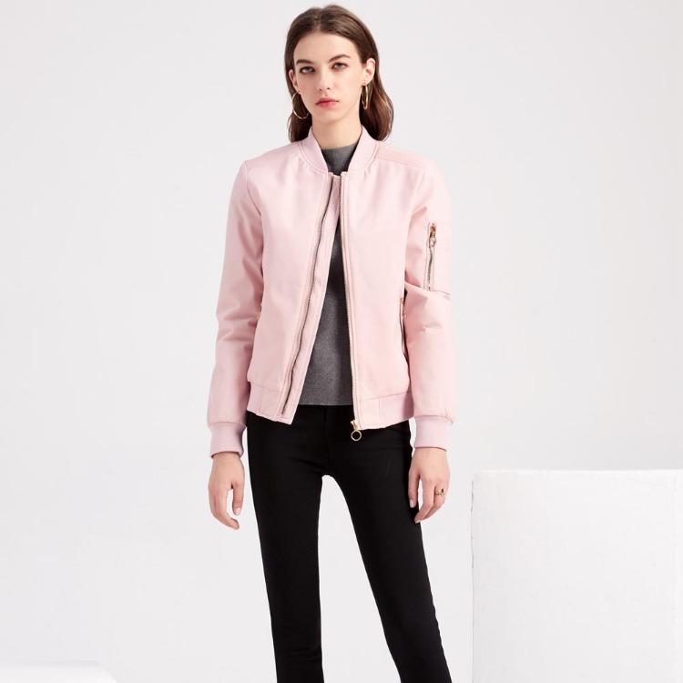 Bomber Jacket Women Thin Casual Zipper Long Sleeves Side Pockets Autumn Spring Outer Wear