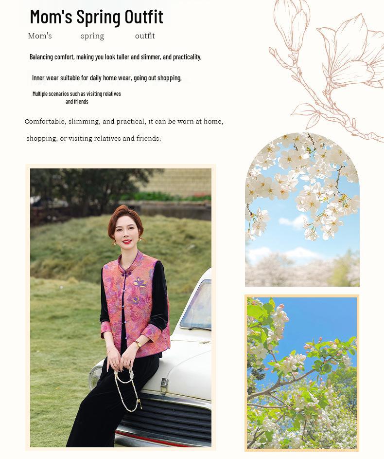 Women's Spring & Autumn Chinese Style Embroidered Stand-Up Collar Vest & Velvet Top Set