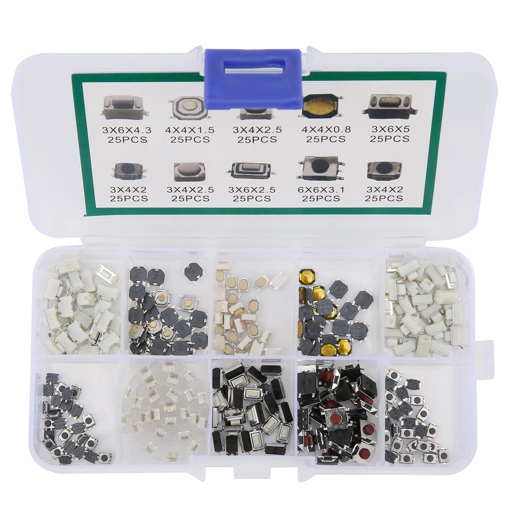 250Pcs Tactile Push Button Switch 10 Types Micro Switch Kit for DIY Electronic Products