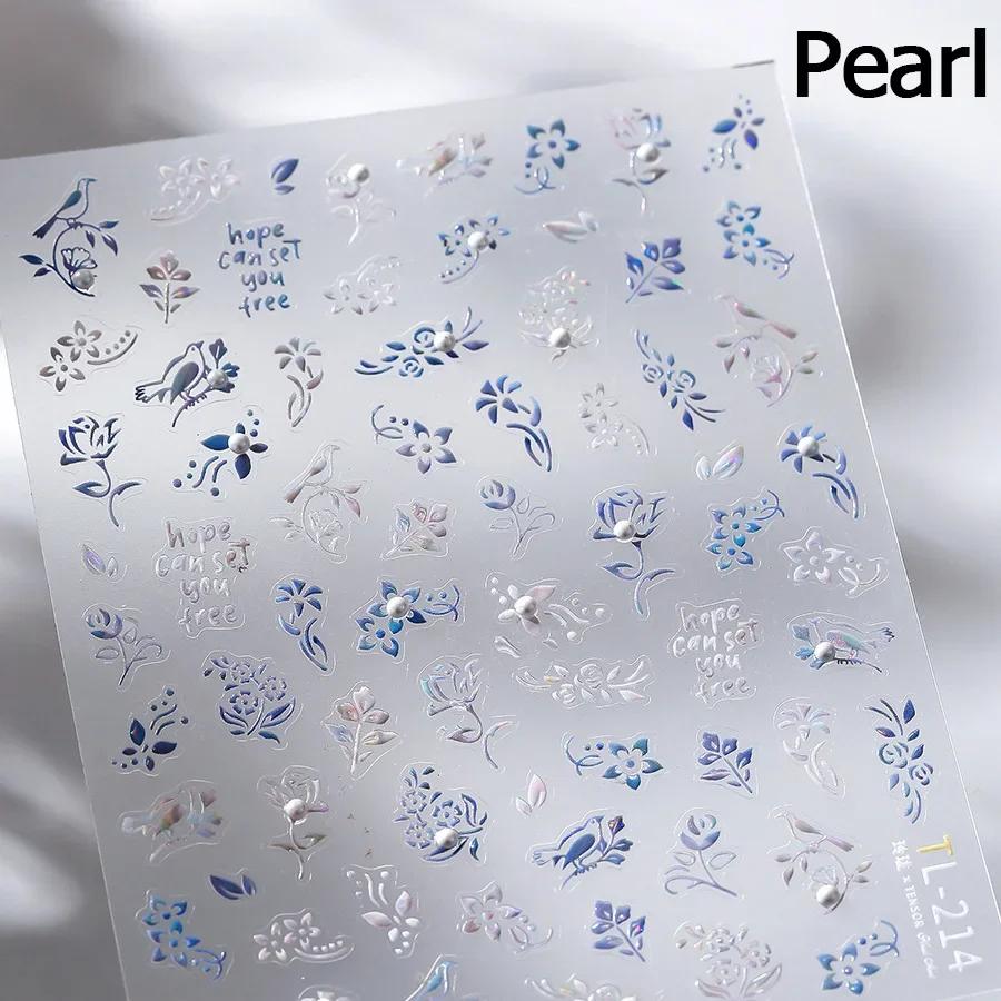 Blue and White Porcelain Chinese 5D Butterfly Flowers Vase Swallow Window Gold Stamping Nail Art Stickers Manicure Decals