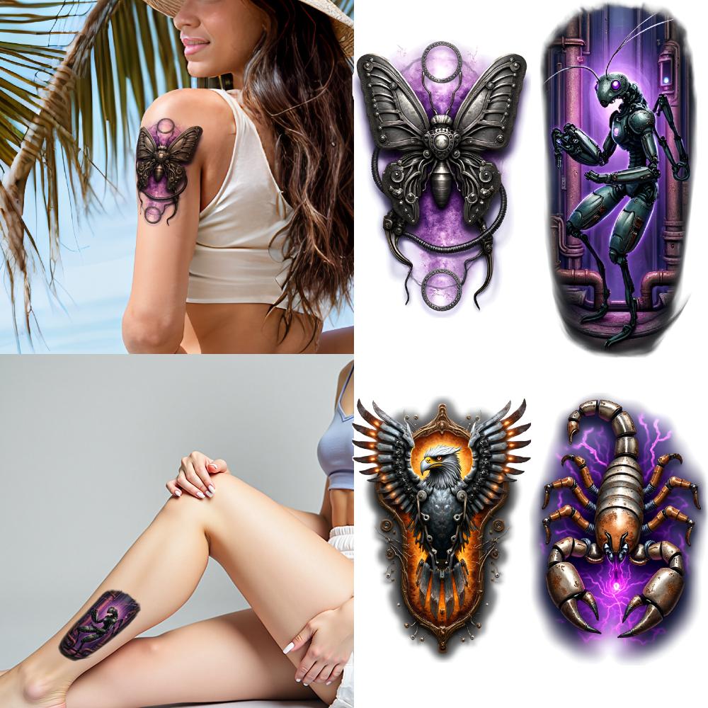 12pcs Temporary Tattoo Insect Designs Colorful Realism Mechanical Creatures Waterproof Long-lasting Body Stickers For Back