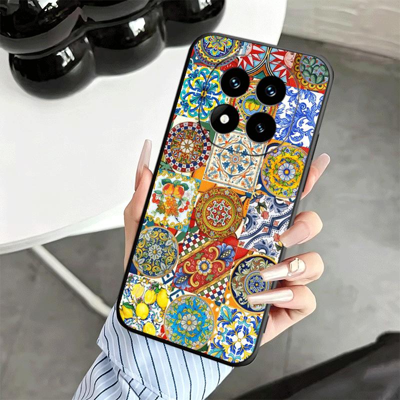 Italian Sicilian Style Floral Pattern Soft Phone Case for Xiaomi Redmi Note 12 13 14 15 Pro Plus 11 12S 11S 11T 10 4G Black Cove