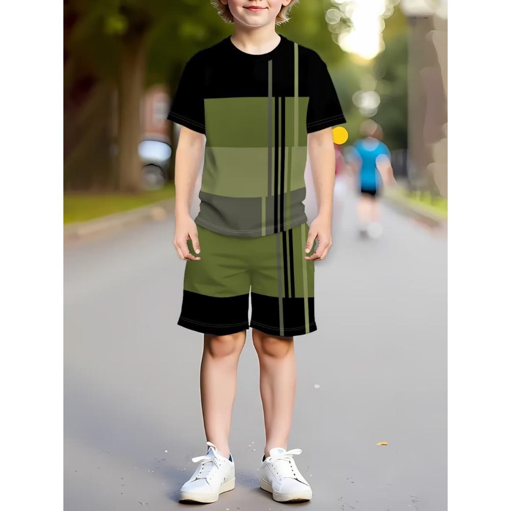 Boys Clothes Simple Striped 3D Printed Short Sleeve T-Shirt Sets Loose Casual Summer Outdoor Quick Drying Children's Clothing