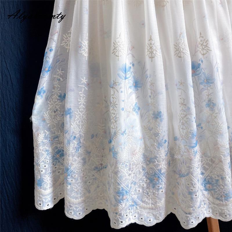 Spring Summer Women Maxi Long Skirt High Waist Delicate Floral Embroidery Classical Skirt Vintage Elegant Hollow Out Ladies' A-Line Skirt