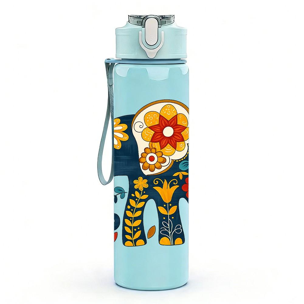 1PC Colorful Elephant Ornament Art Print 750ml Color Plastic Sports Water Bottle Leakproof Flip Straw Lid Suitable for Sports Office Home Use