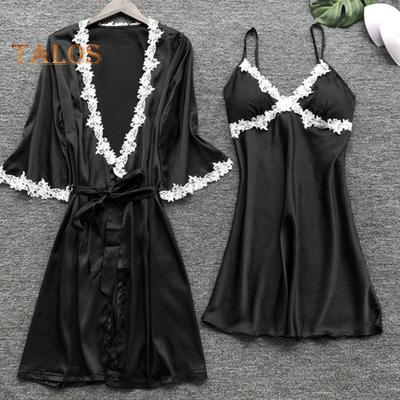 5 Pcs/Set Women Pajamas Suit Nightgown Nightdress Top Shorts Pants Set Silky Satin Lace Patchwork Loose Lace-up Waist Thin Women Homewear Set