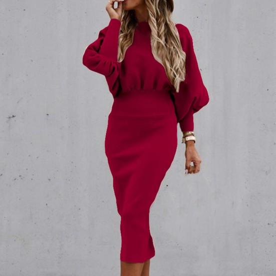 O-Neck Waist Tight Bodycorn Dress High Waist Elegant Long Lantern Sleeve Office Dress Female Clothing