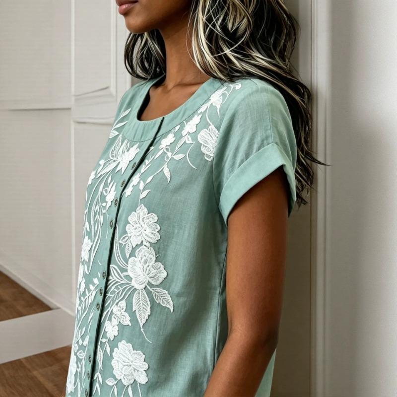 Women Light Blue Floral Embroidery Round Neck Full Button Roll Cuff Short Sleeve Loose Casual Blouse