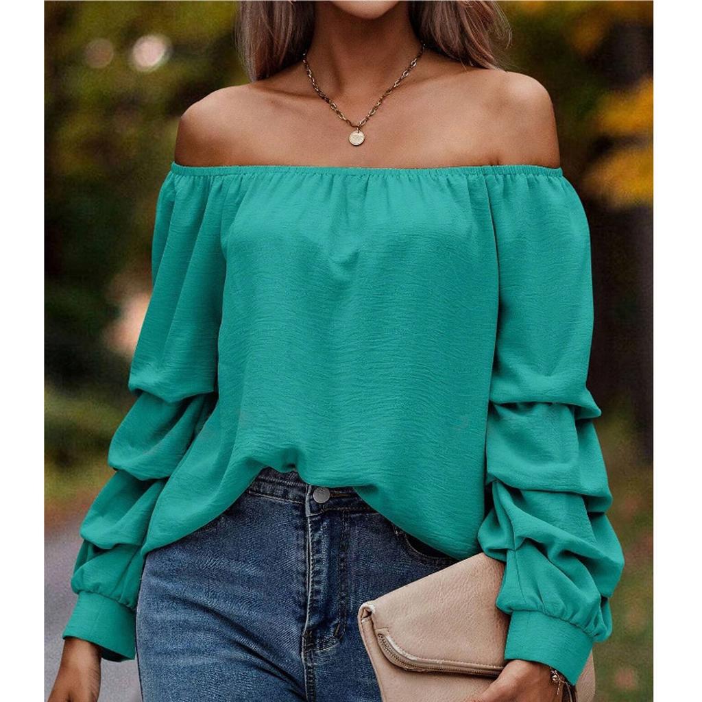 Damska modna, jednokolorowa, swobodna koszula z odkrytymi ramionami i długimi rękawami