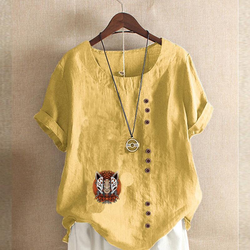 Women's Fashion Round Neck Short Sleeve T-shirt Casual Cotton Linen Graphic Shirt Leisure Loose Cartoon Characters Prined Summer Blouse Tops