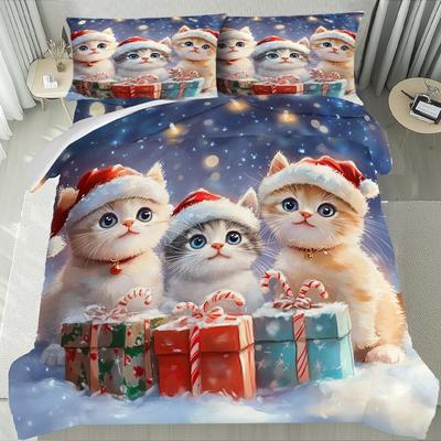 Lifesmells 3pcs Kitten Santa Duvet Cover Set Cute Bed Cover Set Fluffy Bedding Set 1 Quilt Cover + 1/2 Pillowcases+1 Flat Sheet