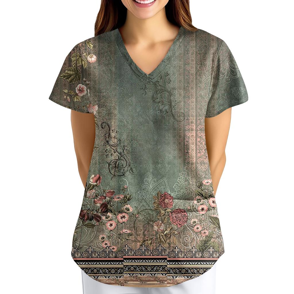 Nadměrná velikost Potištěný pracovní oděv Halenky pro dámský překřížený výstřih do V Potisk Krátký rukáv Zábavná trička Pracovní oděv Tričko s kapsami