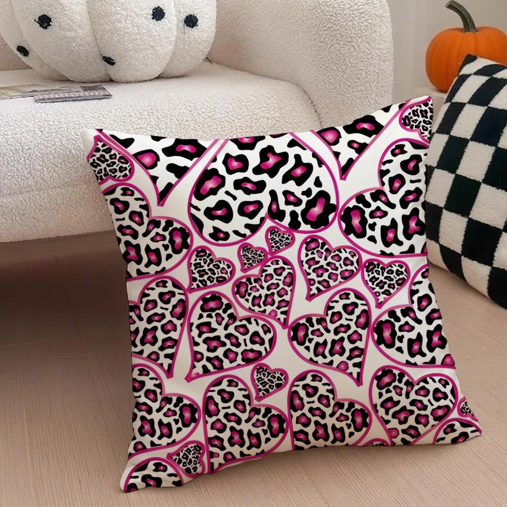 L-Leopard Print Hearts Pillow Trendy Cushion Cover Throw Pillow Cover Hidden Button Durable Polyester Chair Cushion
