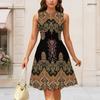 Women Plus Size Round Neck Sleeveless Printed A Line Dress Black Blue Gold