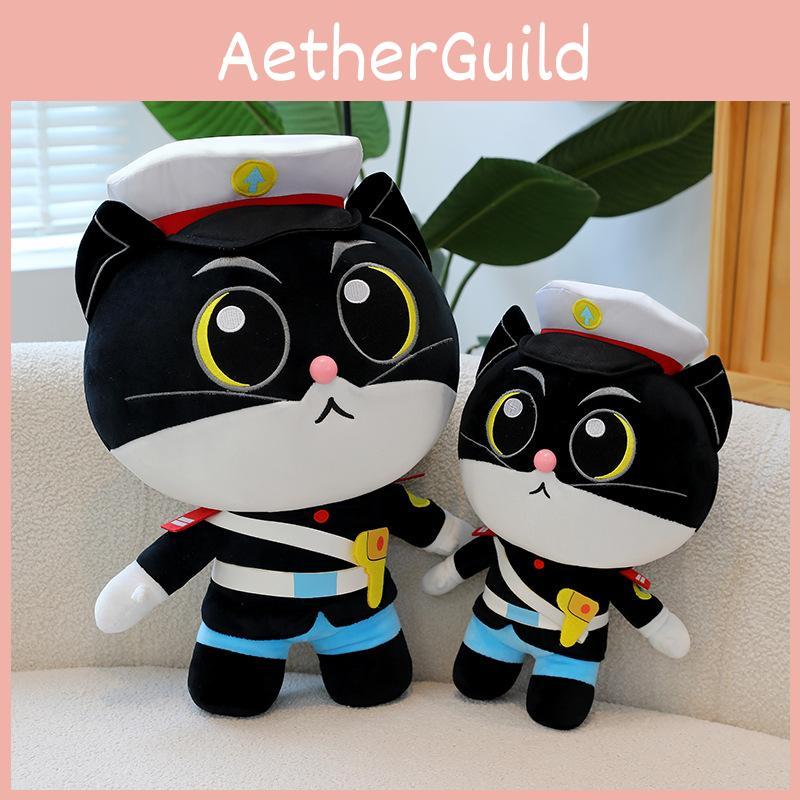 Adorable Cat Black Sheriff Plush Toy Cuddly Sleep Buddy Kids Bedtime Gift Doll