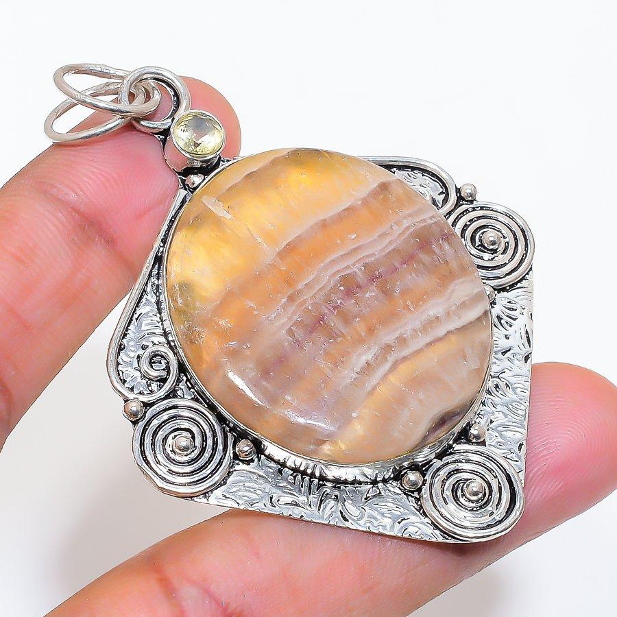 Natural Fluorite, Citrine 925 Sterling Silver Jewelry Pendant 2.76" ZS-68