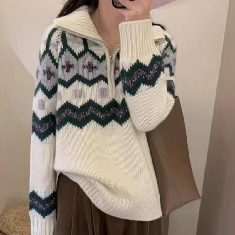 Retro Fair Isle Wool Cashmere Half-Zip Sweater - High Neck, Thickened Knit, Red Women's Christmas Top