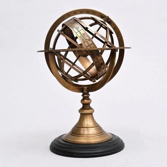 Decorative Brass Armillary Sphere with Wooden Base Astronomy Decor Desk Shelf