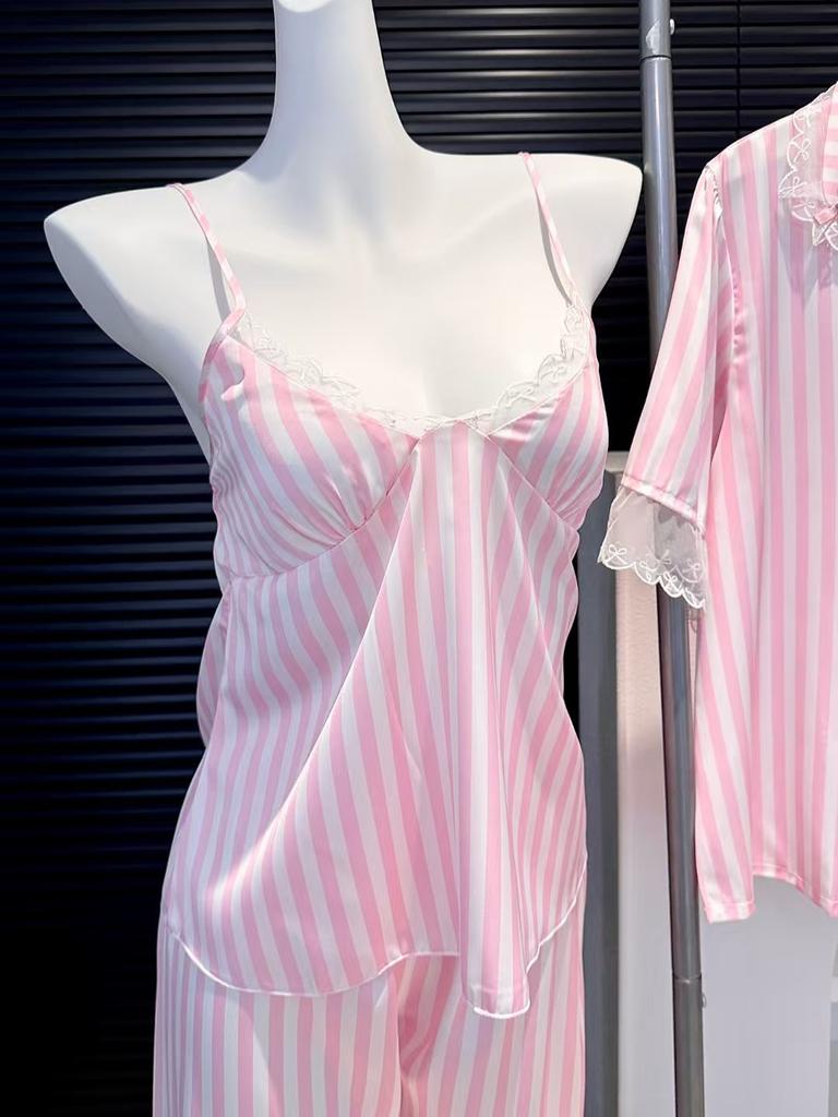 Spring and summer new ice silk pajamas fresh women's suspenders four-piece set high-end lace temperament loungewear trousers set
