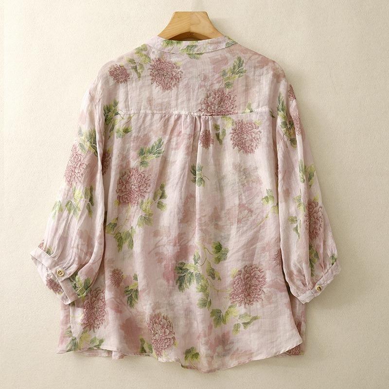 Blusa Feminina de Linho com Estampa Floral, Gola Alta, Manga Três Quartos, Botões