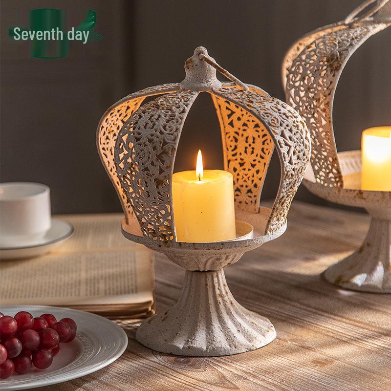 French Crown-Shaped Hollow Candlestick: European Retro Tabletop Ornament for a Cozy B&B Atmosphere