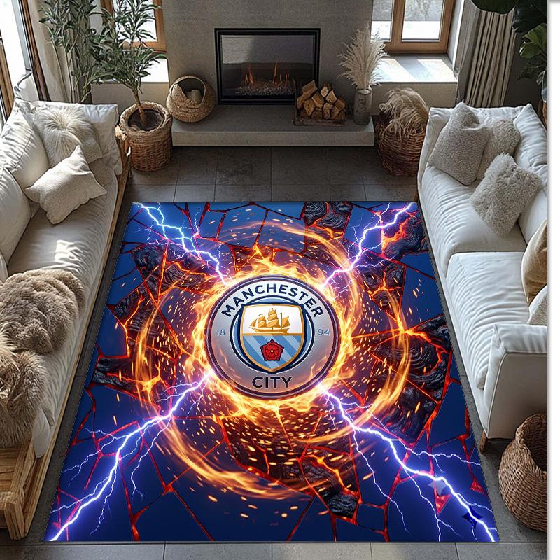 Manchester City Printed Flannel Area Rug Non Slip Soft Polyester Floor Carpet Indoor Decor Mat for Bedroom Living Room Sofa