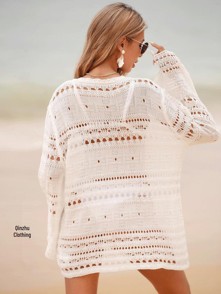 European & American Style Women's Beach Dress - Hollow Out Bell Sleeve Tie-Up Bikini Cover-Up