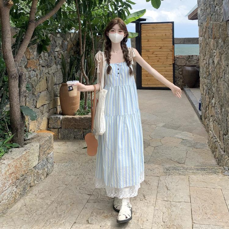 French blue striped suspender dress children's summer new 2026 small seaside vacation dress
