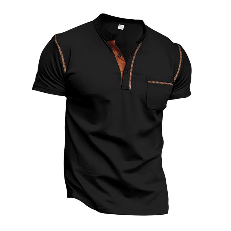 Mens Henry Collar Short Sleeve Pocket Casual Slim Fit T Shirt S