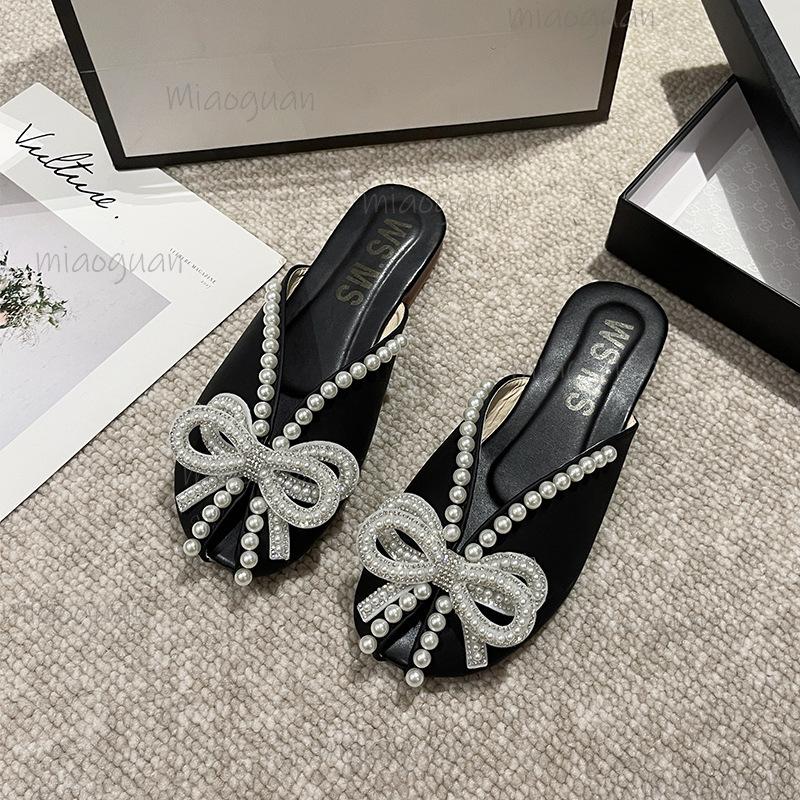 Fashion Women's Fashion Slippers Summer Footwear Pearl Flat Bow Rhinestone Outer Half Baotou Sandals Comfortable Soft Sole Women Shoes