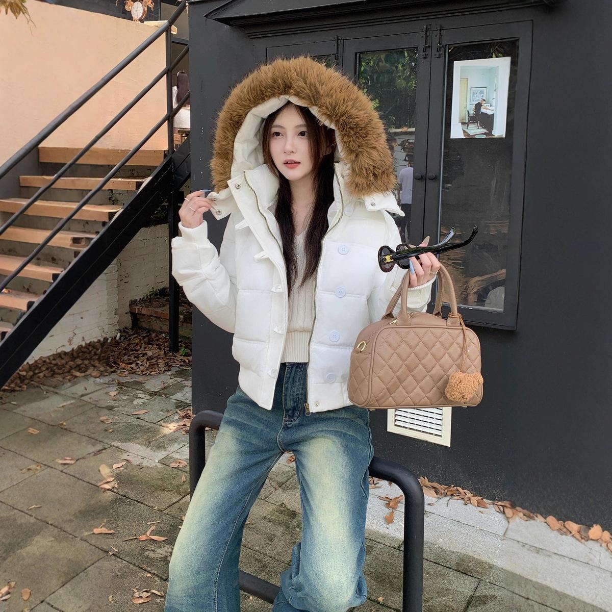 

Зимняя короткая куртка с хлопковой подкладкой, пуховик, женский новый наряд в корейском стиле для невысоких, большой меховой воротник, короткая куртка с хлопковой подкладкой XL