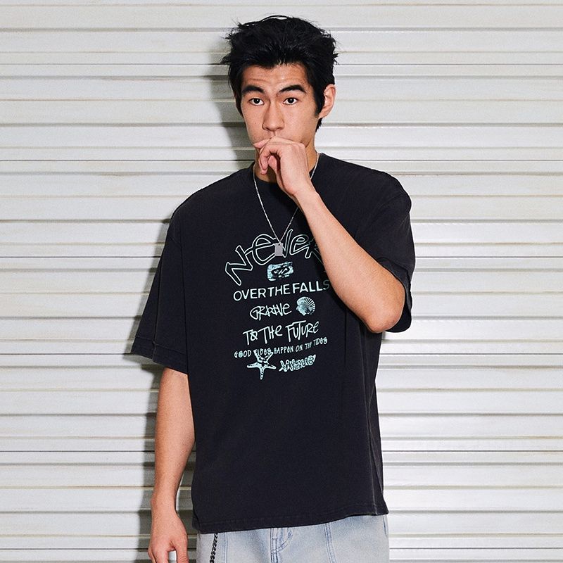 

HM Топ-футболка 2025 Лето Новая Мода Мужская Футболка Свободного Кроя с Принтом 1288832 Black/Never Over the Falls 170/92(S)