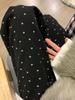Women's High Waist Black Polka Dot Floral Wide-Leg Trousers with Velvet Lining - Autumn/Winter