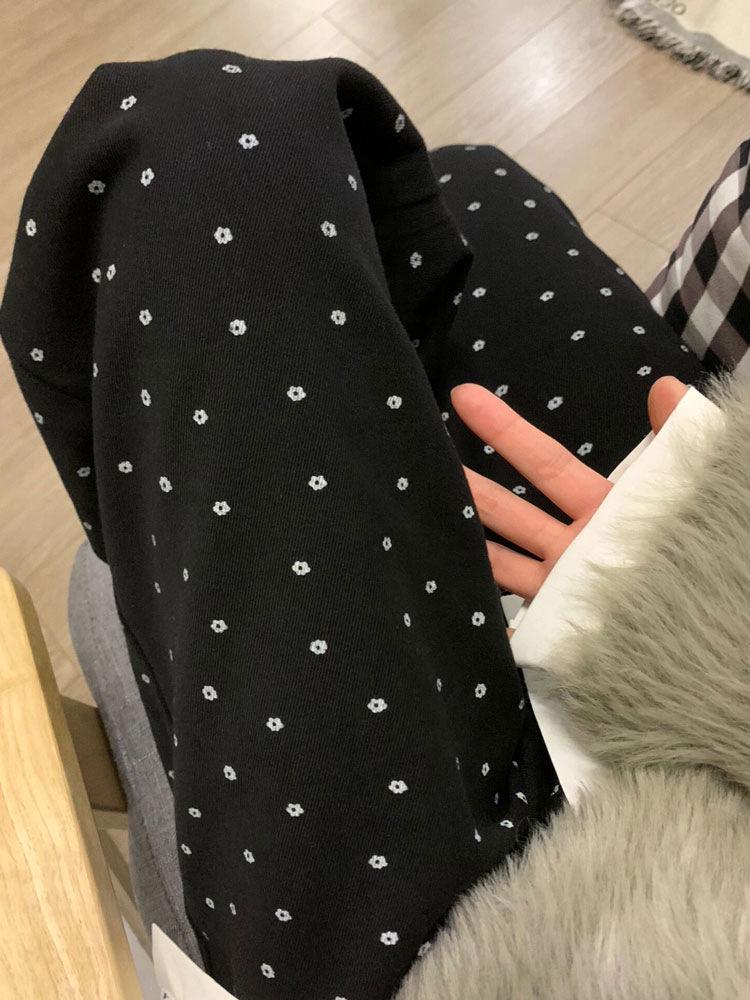 Women's High Waist Black Polka Dot Floral Wide-Leg Trousers with Velvet Lining - Autumn/Winter