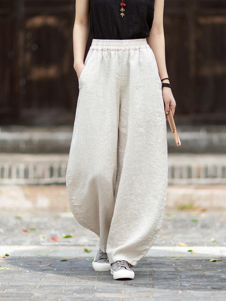 Johnature Women Vintage Pants Summer Chinese Style Solid Color Loose Elastic Waist Trousers Soft Pants