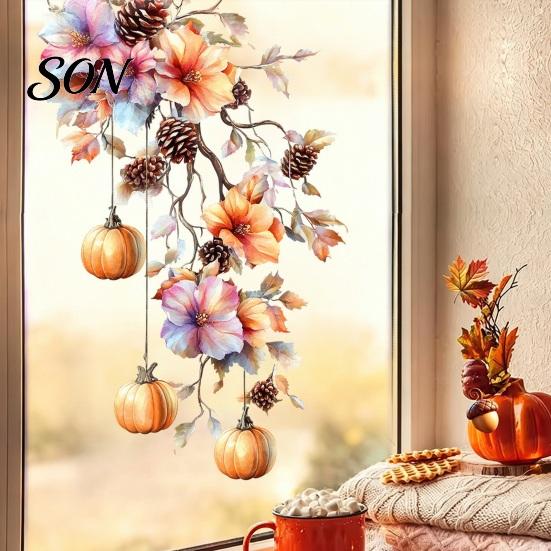 Thanksgiving Glass Decals Fall Static Window Clings, Autumn Pumpkin Maple Leaf Floral Reusable Stickers Decals, Removable Harvest Season for Home Shop