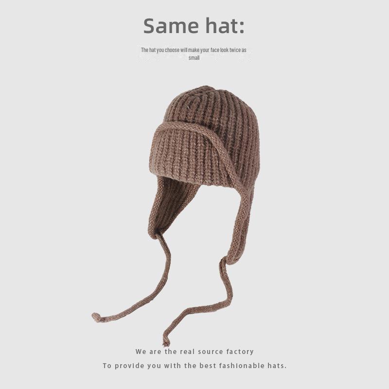 Korean Style Knitted Wool Earmuff Hat: Solid Color, Thickened for Autumn & Winter, with Strap, Unisex.