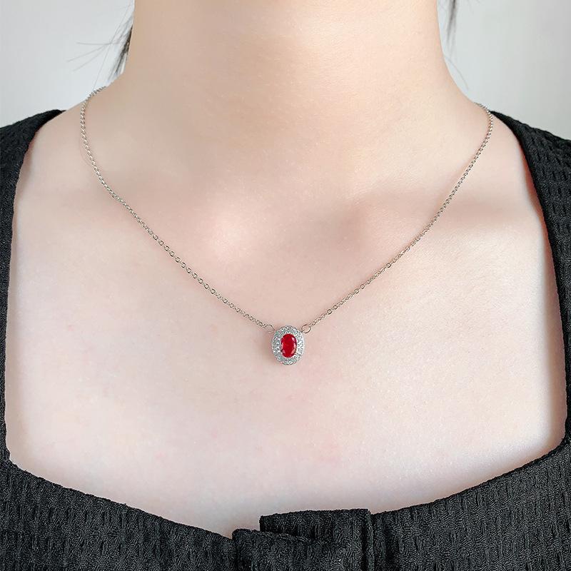 2026 Necklace European and American Temperament Red Zircon Oval Geometric Light Luxury Collarbone Chain Water Drop Pendant