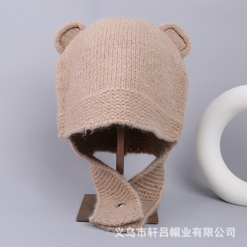 Popular autumn and winter cute bear hat warm and windproof knitted ear hat outdoor versatile and cold-proof wool bald hat