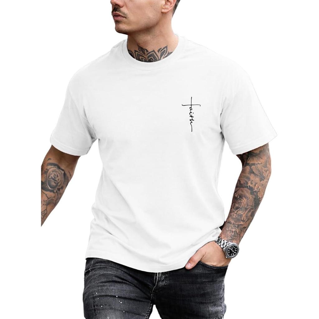 T-shirt Casual Manches Courtes Col Rond Minimaliste Homme Imprimé Lettre Manuscrite Croix de Foi