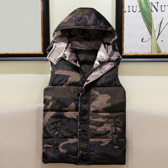 Winter Men Waistcoat Camouflage Thickened Cotton Padded Windproof Zipper Hooded Vest Coat for Daily Wear