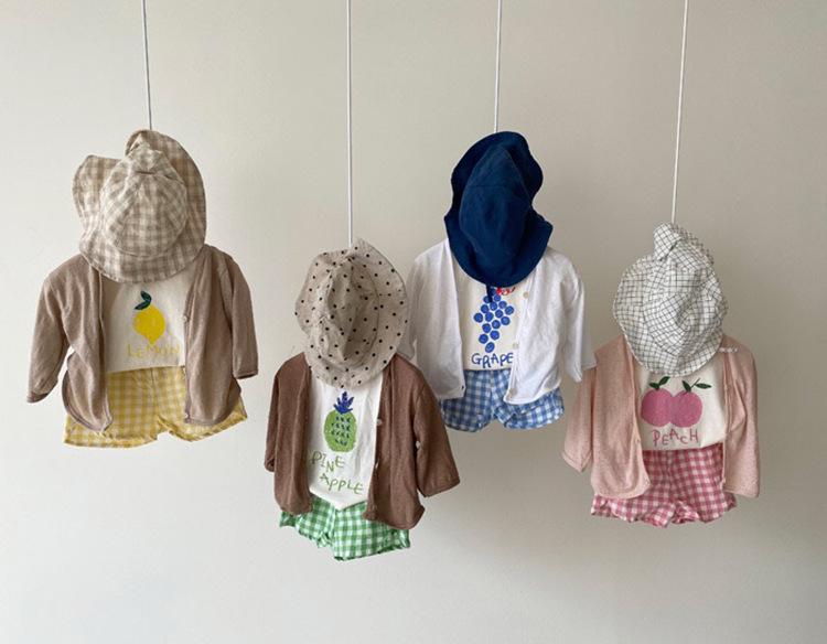 Korean 2026 Kids' Summer Fruit Tee & Plaid Shorts Set
