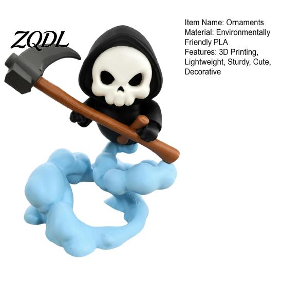 3D Printed PLA Statue Grim Reaper Figurine with Cloud Base, Cute Environmental Friendly Ornament Skeleton Scythe Statue, Halloween Decorative